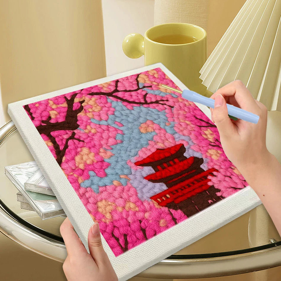 Punch Needle Embroidery With Frame Set Complete Punch Stitch Threads Needle Frame Landscape Pattern Set DIY Kits for Beginners