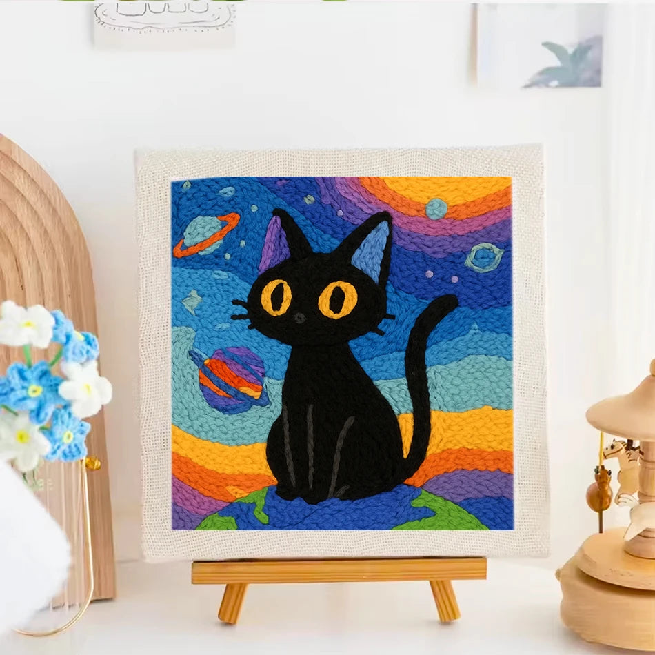 punch needle embroidery set kit Cat Cute Animal Picture Embroidery frame Cross stitch kits crafts for adults Diy Gift 25x25cm