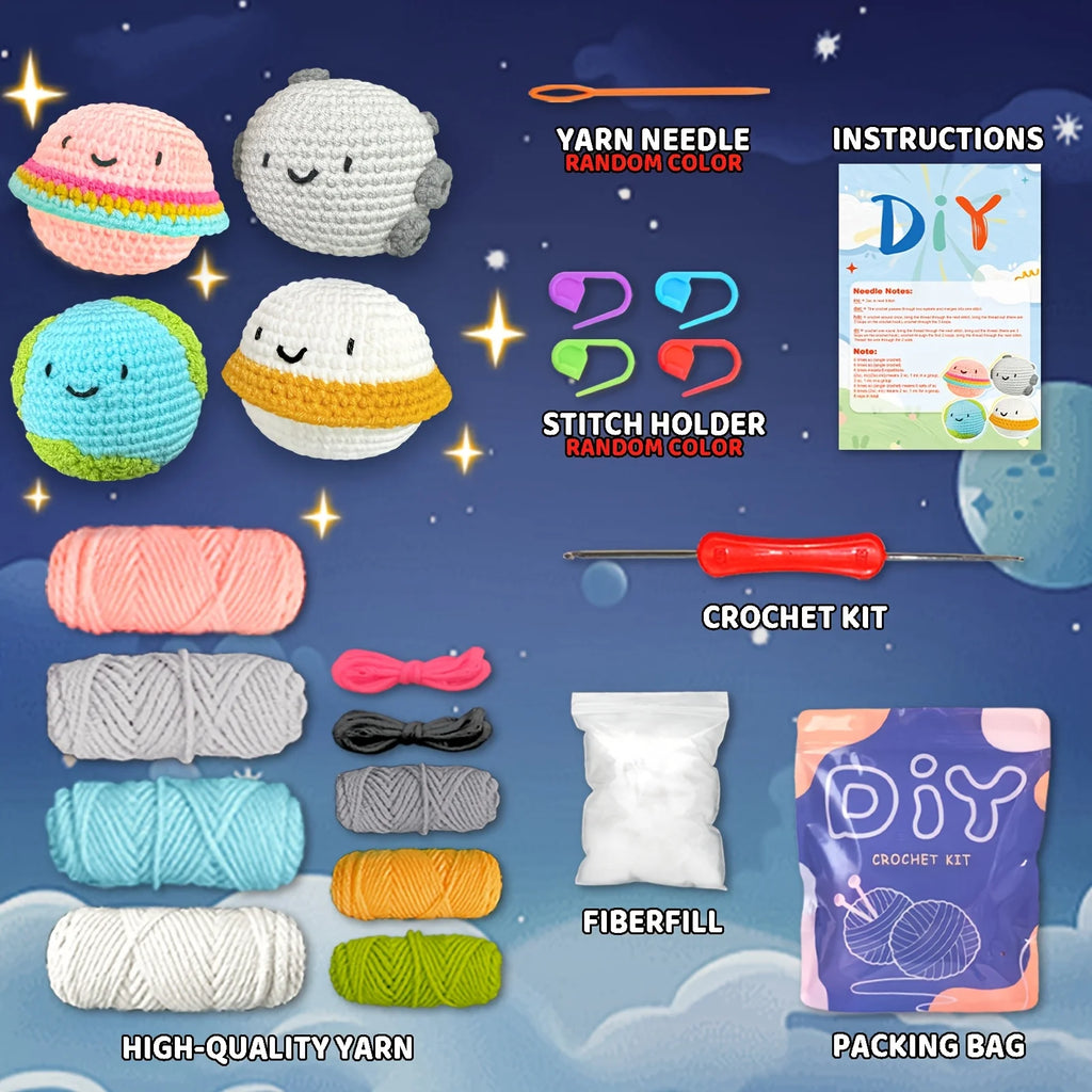 4pcs Planet Crochet Kit | Emotional Support Crochet And Knitting Kit | Crochet Kit with Step-by-Step Video Tutorials