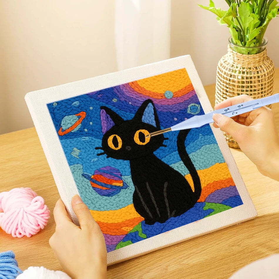 punch needle embroidery set kit Cat Cute Animal Picture Embroidery frame Cross stitch kits crafts for adults Diy Gift 25x25cm