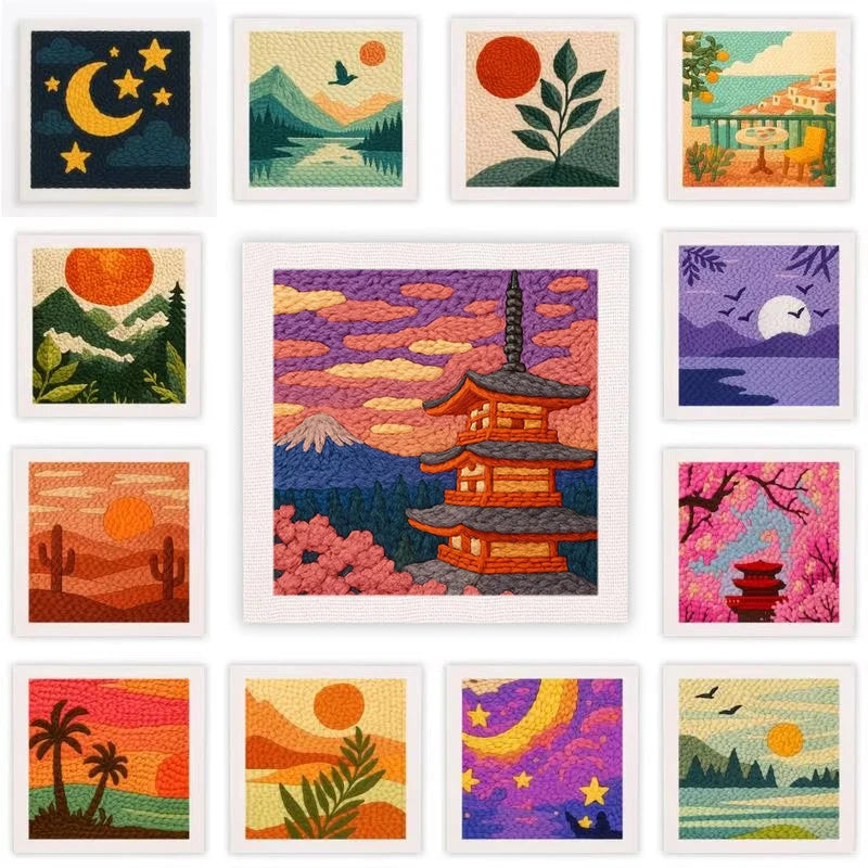 Punch Needle Embroidery With Frame Set Complete Punch Stitch Threads Needle Frame Landscape Pattern Set DIY Kits for Beginners