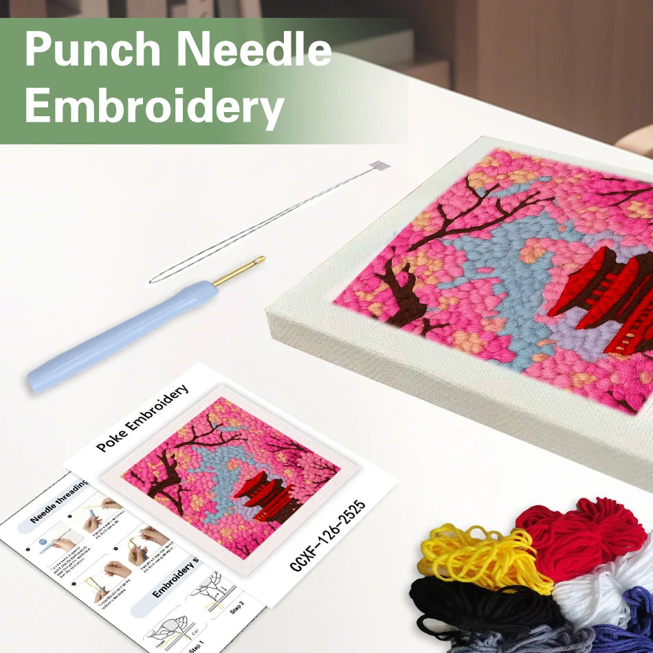 Punch Needle Embroidery With Frame Set Complete Punch Stitch Threads Needle Frame Landscape Pattern Set DIY Kits for Beginners